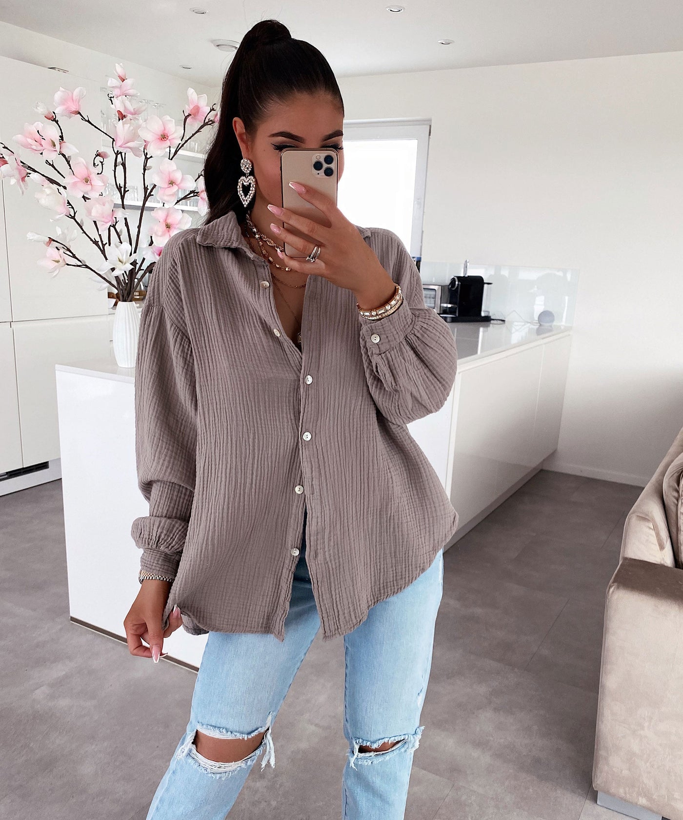 Oversized Muslin Blouse Freya Taupe Short