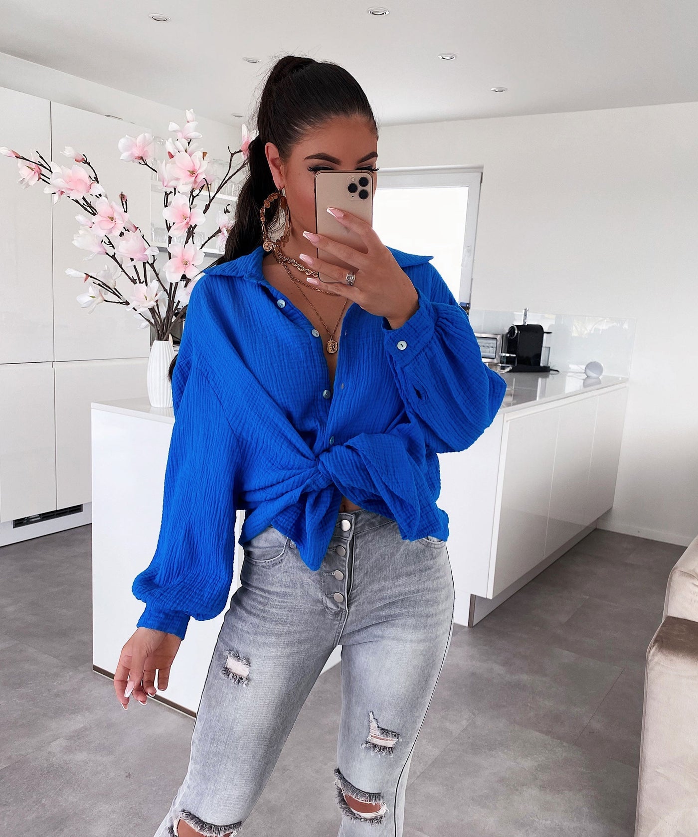 Oversize Musselin Bluse Freya Royalblau Kurz