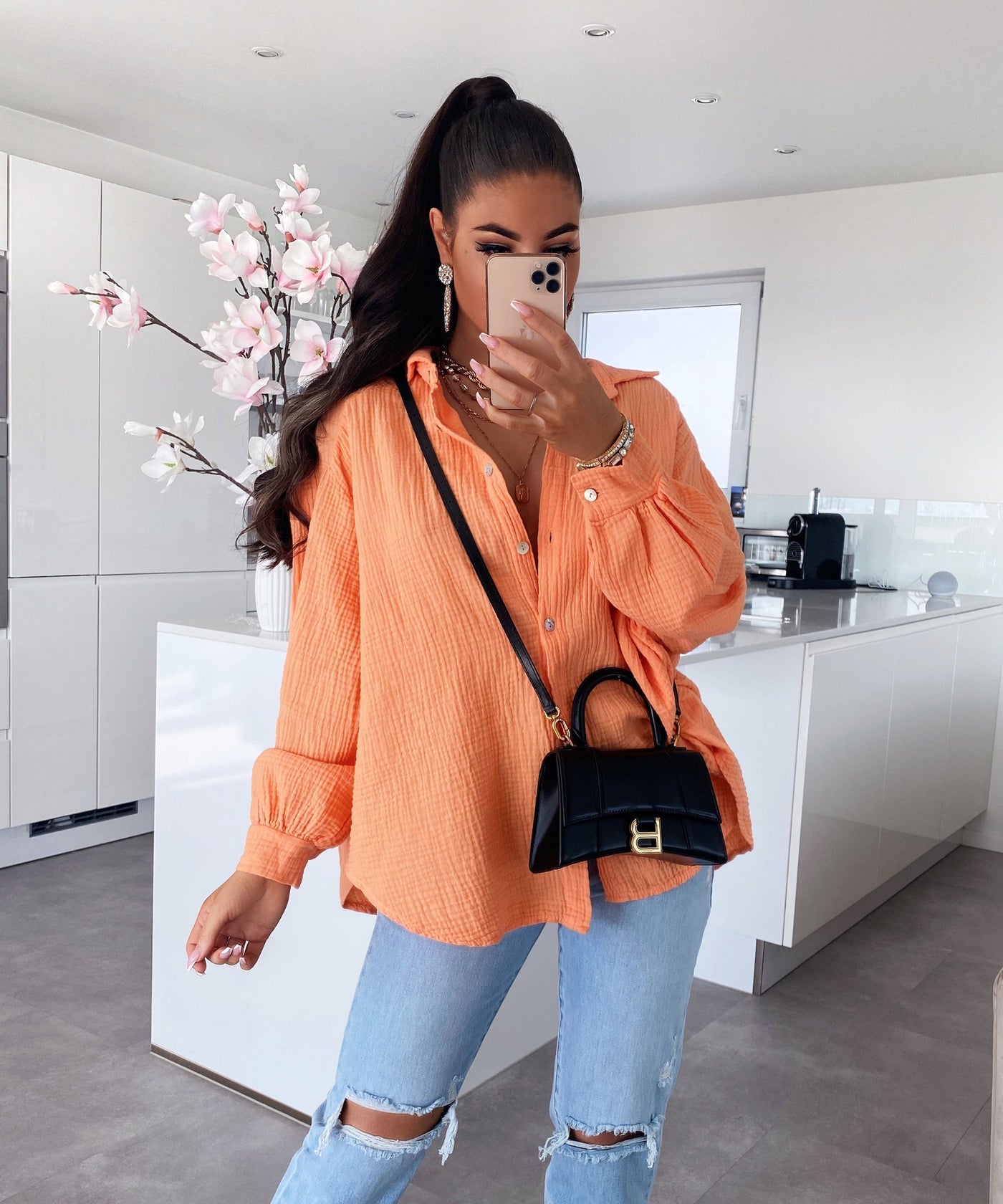 Oversize Musselin Bluse Freya Pastel Orange Kurz