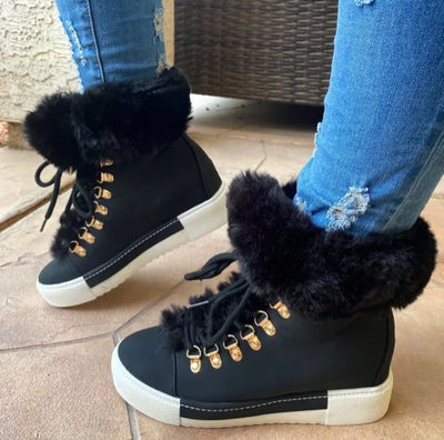 SnowBoots™ - Laced Fuzzy Detail Insulated Ankle Boots