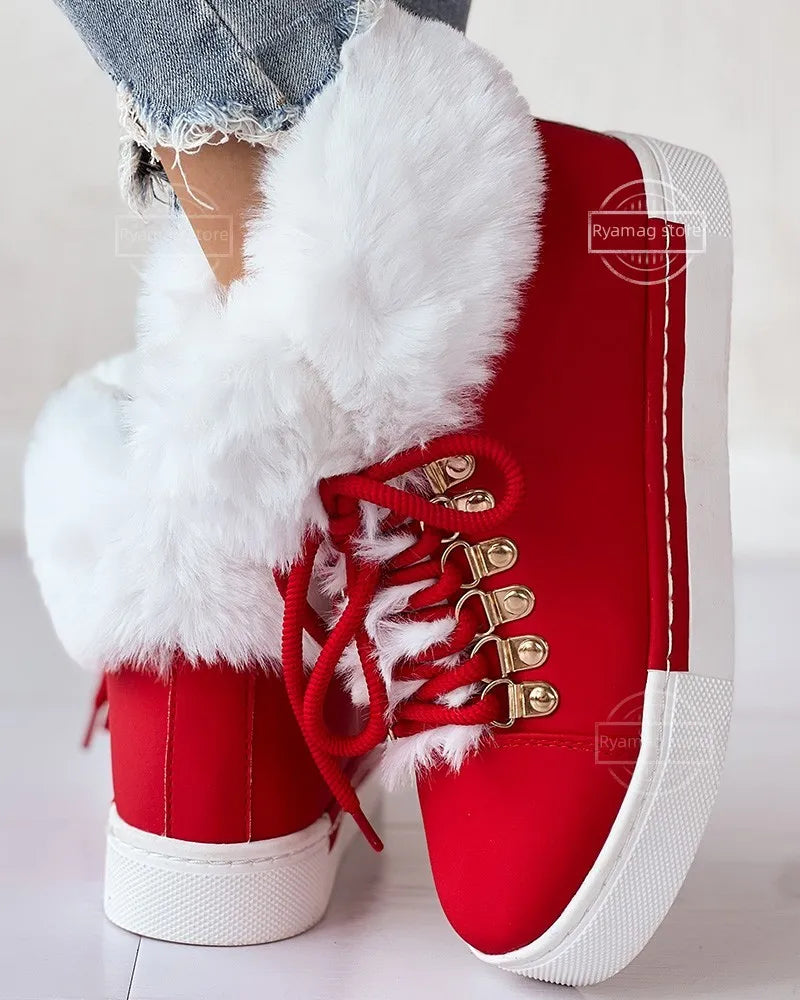 SnowBoots™ - Laced Fuzzy Detail Insulated Ankle Boots