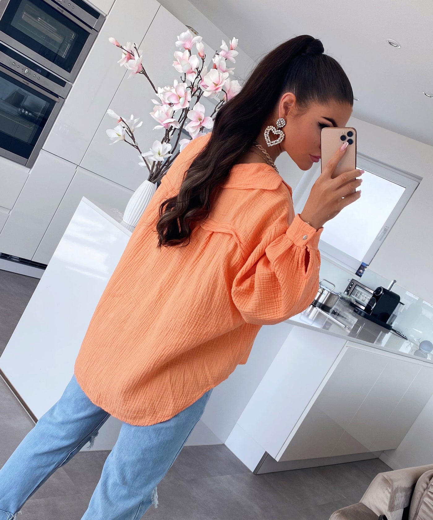 Oversize Musselin Bluse Freya Pastel Orange Kurz