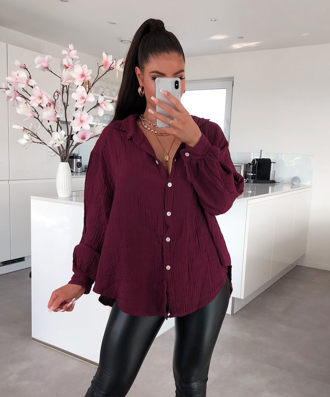 Oversize Musselin Bluse Freya Bordeaux Kurz