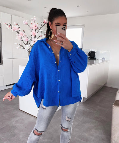 Oversize Musselin Bluse Freya Royalblau Kurz