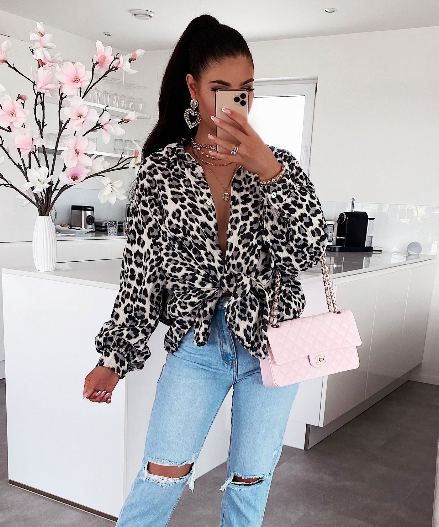 Oversize Musselin Bluse Print Leo Kurz